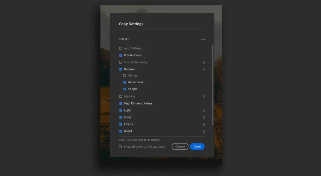Adobe Lighroom Copy Settings